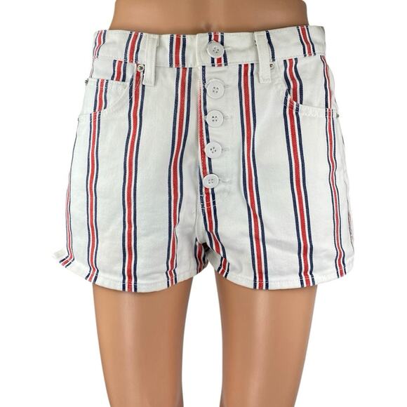Reformation Charlie Women's White Multicolor Striped Button High Rise Shorts 28 - Picture 1 of 4